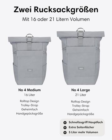 LARKSON рюкзак для жінок і чоловіків No 4 Large, ролтоп 21 л, відділення для 16'' ноутбука, універсальний для навчання, роботи, велосипеда, великий туристичний рюкзак з кріпленням на валізу, чорний-сірий