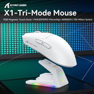 Ігрова миша Attack Shark X1 White: бездротова (BT/2.4G) та дротова, сенсор PixArt PAW3395PRO, 40000 DPI, вага 53г, з RGB док-станцією для зарядки, для Win11/Xbox/PS/Mac