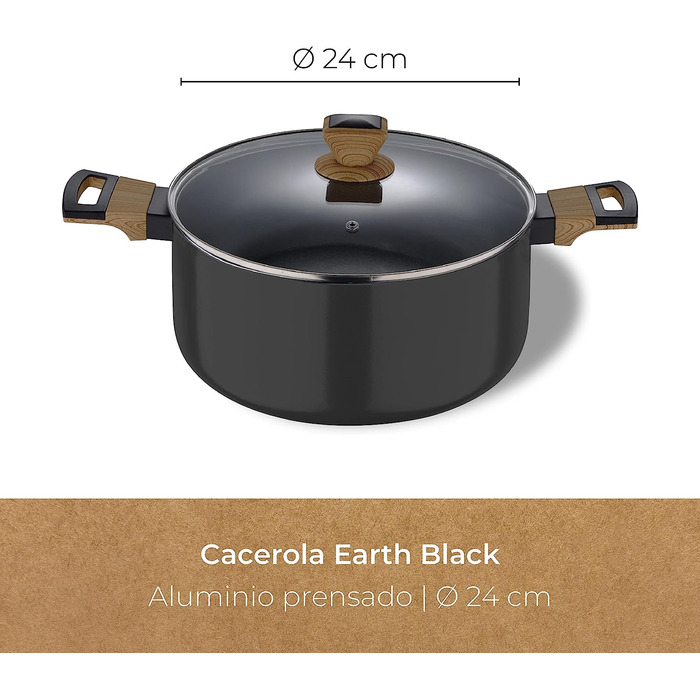 Каструля BERGNER Earth Black 24 см, алюмінієва з антипригарним покриттям, дерев'яна ручка, для індукції та всіх типів плит, з кришкою, чорна