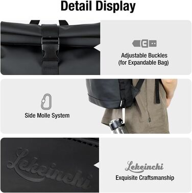 Водонепроникний рюкзак Lekeinchi Rolltop для ноутбука 17 дюймів, місткий дорожній рюкзак для подорожей, навчання та їзди на велосипеді, чорний