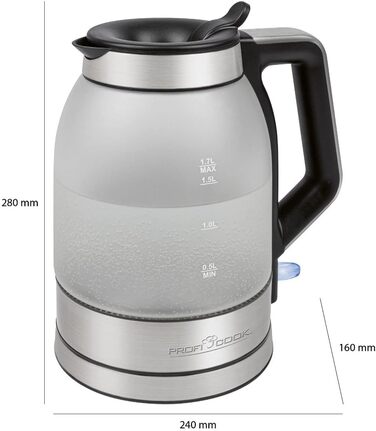 Електричний чайник ProfiCook 1,7 л, скляний, з підсвіткою, BPA-free, 2200 Вт