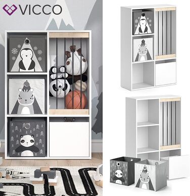 Дитяча полиця Vicco Luigi біла 72x107,8 см з 2 складними коробками, опція 5, 72x96 см з коробками Слон/Тигр