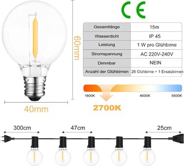 LED гірлянда для вулиці, 10 метрів, 17+1 тепле світло G40, вологостійка IP45, для саду, балкону, тераси