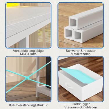 Ігровий стіл L-подібний з LED підсвіткою, 3 шухляди, USB-порт, розетка, тримач для монітора, 140x80 см, білий