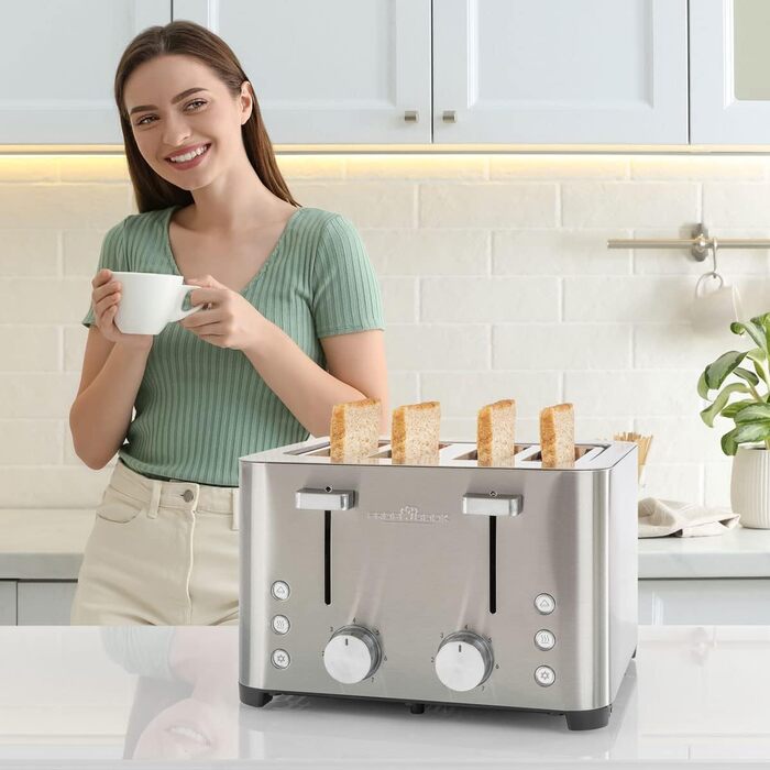 Тостер ProfiCook 4-слотовий, нержавіюча сталь, 1500 Вт, широкий слот, підставка для булочок, 7 режимів підсмажування, зйомна крихтова підставка, PC-TA 1252