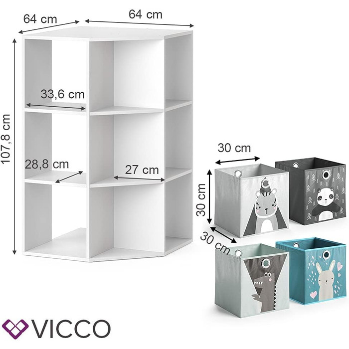 Дитяча полиця Vicco Luigi, біла, 64x107.8 см, з 4 коробками для зберігання