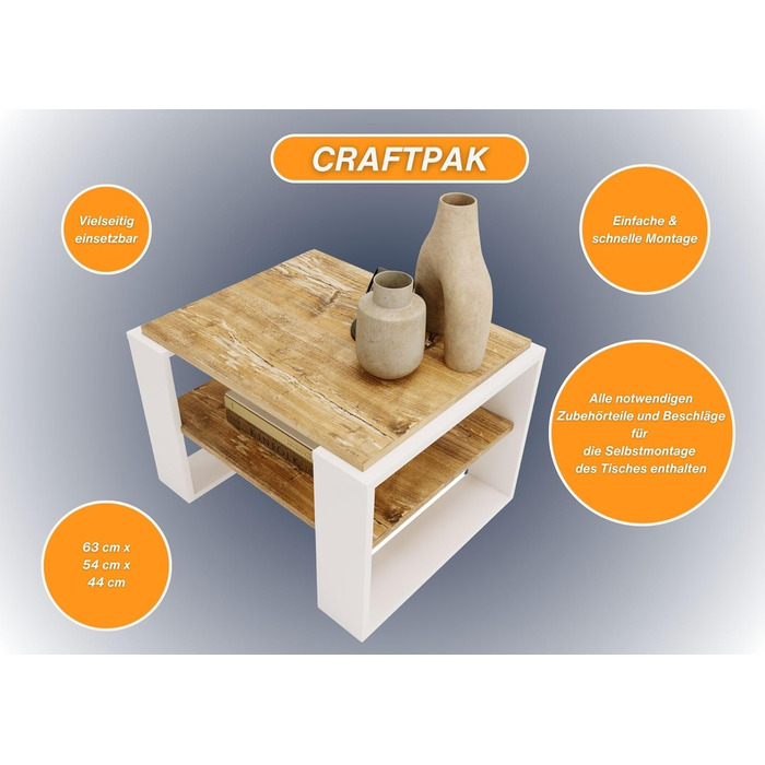 Журнальний стіл CraftPAK Kaja 63 з деревостружкового матеріалу, білий, сучасний стіл для вітальні з додатковою полицею