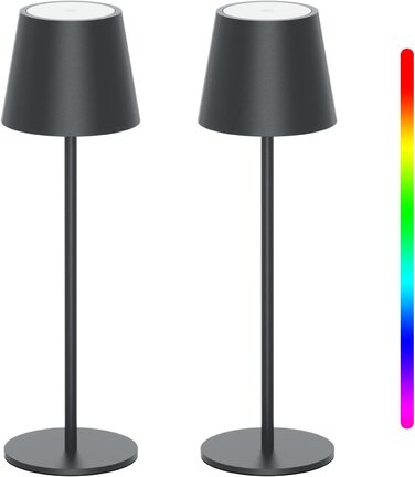 K-Bright LED акумуляторна димована настільна лампа, 2 шт, бездротова, алюміній, IP54, тепле світло 3000K+RGB, USB-C, антрацит