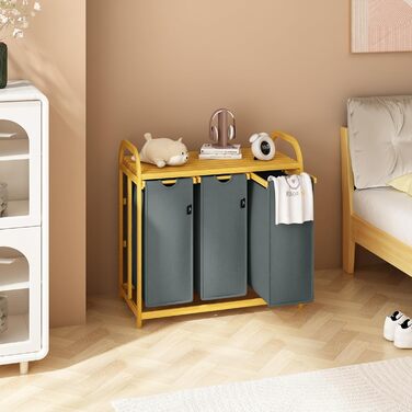 Кошик для білизни AdelDream з бамбуковою рамою 150 л, 3 секції, сірий, сортувальник білизни, дизайн із дугою