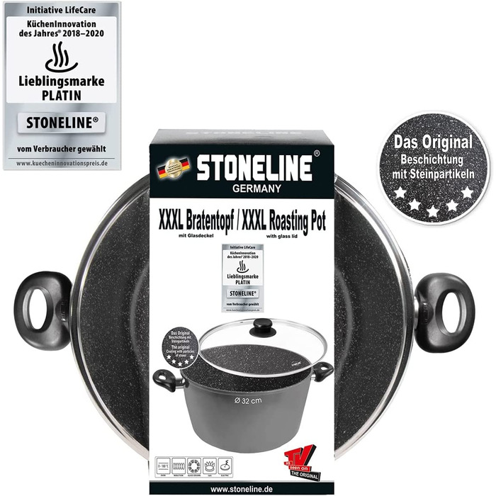 Велика каструля Stoneline XXXL 32 см з кришкою для індукції, алюмінієва, з антипригарним покриттям з натуральними кам'яними частинками, сіра