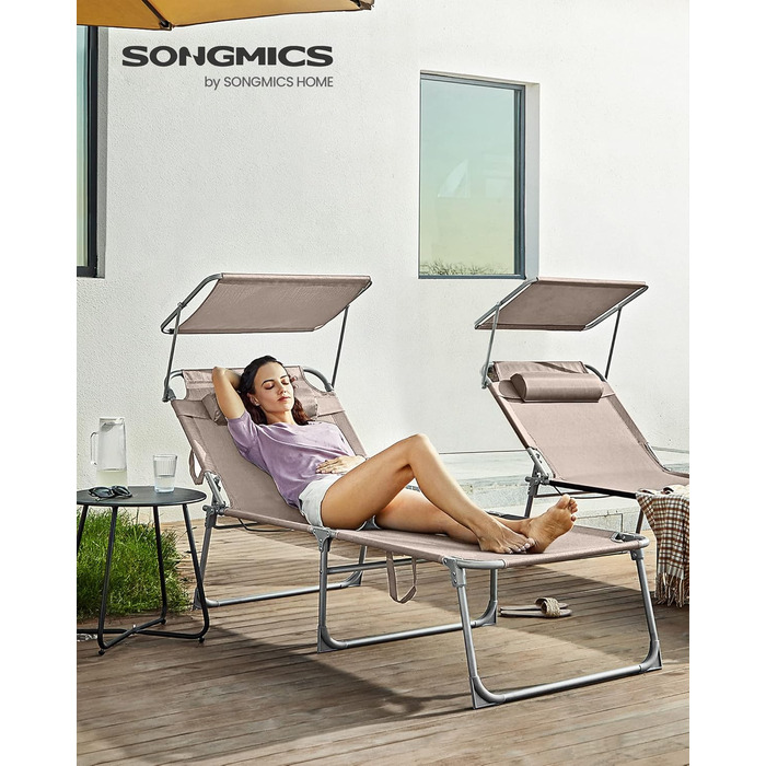 Лежак для відпочинку SONGMICS, великий, розкладний, 200 x 71 x 38 см, вантажопідйомність 150 кг, з сонцезахисною капелюхом та регульованою спинкою, для саду, басейну, тераси, темно-сірий (Taupe)