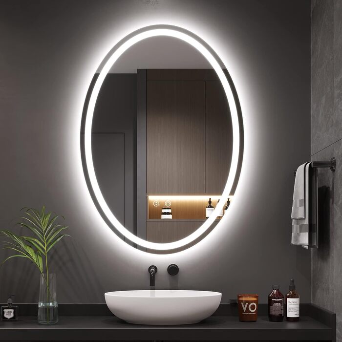 Дзеркало для ванної кімнати Dripex з підсвічуванням LED, сенсорне керування, регулювання яскравості, 3 кольори світла, антизапарник, овальне, 50 x 70 см