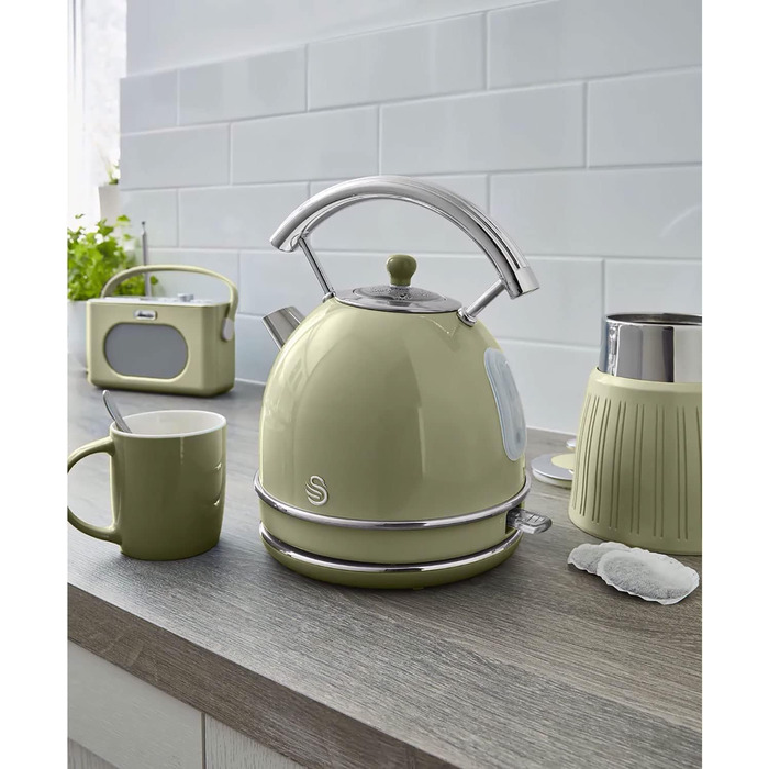 Електрочайник Swan Retro 1,8 л, вінтажний дизайн, 3000 Вт, автоматичне відключення, Strix контролер, бездротовий, BPA-free нержавійка, зелений