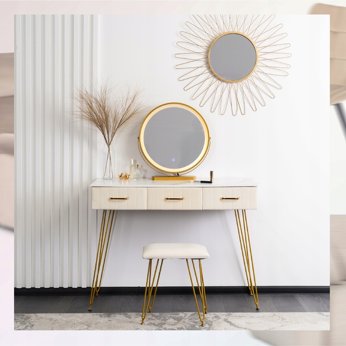 Туалетний столик Mebel Elite, колір крем, золотий хром, 104 x 77 x 41 см