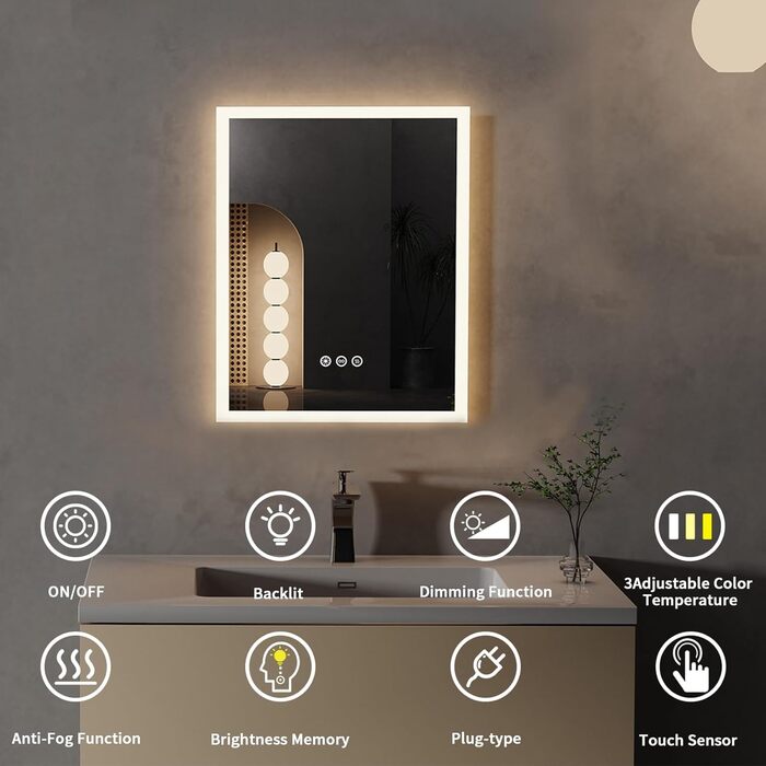 Дзеркало для ванної кімнати LED LUVODI 40x50 см з підсвічуванням, сенсорне керування, 3 кольори, регулювання яскравості, антизапарник