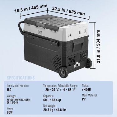 Автохолодильник VEVOR 50л портативний, компресорний, 12В, двозонний (-20°C до +20°C) для авто, кемпінгу, дому