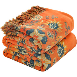 Двосторонній плед HOORDRY з бавовни Boho 150x200 см, покривало на ліжко, диван чи крісло, зелений та помаранчевий, з візерунком, для сну чи відпочинку