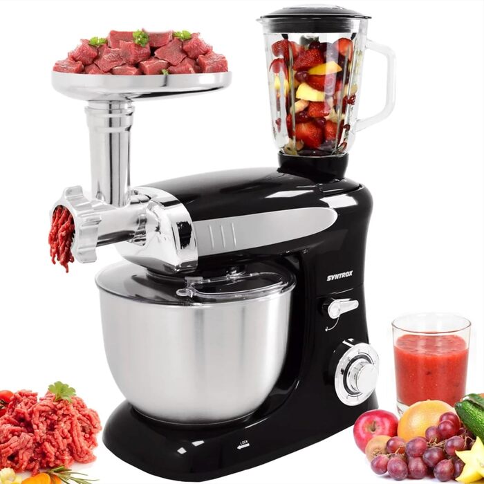 Кухонна машина Syntrox Germany Deluxe 1300 Вт, м'ясорубка і міксер, багатофункціональний міксер з насадками, універсальна кухонна техніка, чорна