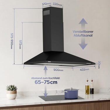 Витяжка для кухні CIARRA CBCS6201 A++ пірамідальна, нержавіюча сталь, 90 см, 404 м³/год, з вугільним фільтром CBCF002X2, режим відведення та рециркуляції