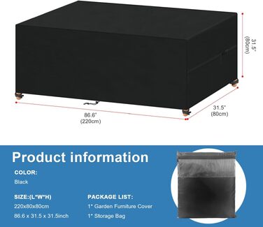 Чохол для садових меблів VANSHEIM водонепроникний, захисний, 420D Oxford (220x80x80 см) для столу та стільців, анти-UV, вітрозахисний
