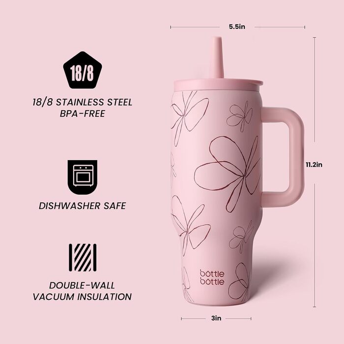 Термокружка з нержавіючої сталі 900мл з ручкою та трубочкою – BPA-free, подвійні стінки, без витоку – для подорожей, офісу, навчання, спорту та як подарунок (квітковий принт)