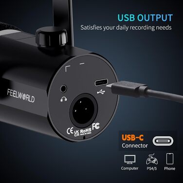 FEELWORLD PM1 Динамічний мікрофон XLR/USB з RGB-підсвічуванням для подкастів, геймінгу та YouTube. Комплект з підставкою та кабелем