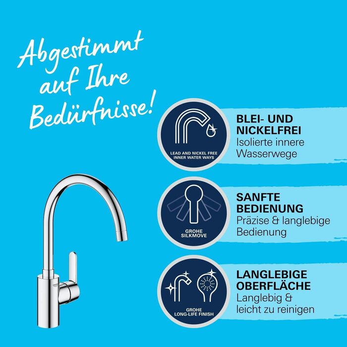 Змішувач кухонний GROHE Get з високим виливом, поворотний на 150°, економія води, хром 31494001
