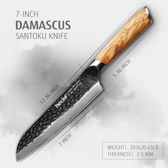 Ніж кухарський Damast 20см Hecef, професійний ніж шеф-кухаря, японський ніж з 67 шарів дамаст сталі та ручкою з оливкового дерева
