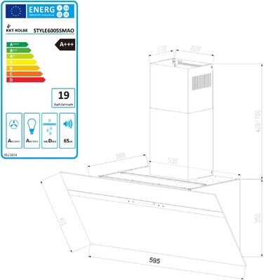 Витяжка кухонна KKT Kolbe Style 60 cm A+++, 782 м³/год, нержавіюча сталь та чорне скло, WLAN, RGBW-LED підсвічування, сенсорне керування, STYLE6005SMAO