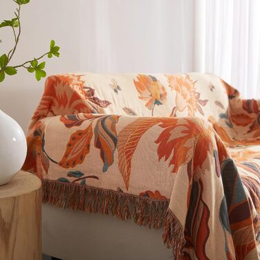 Богемна ковдра Boho Decke з 100% бавовни – двостороння муслінова ковдра 150x200 см, м'яка пледова ковдра та покривало для ліжка, естетичний дизайн, ідеально підходить для вітальні та спальні, помаранчево-зелена (230 x 275 см)