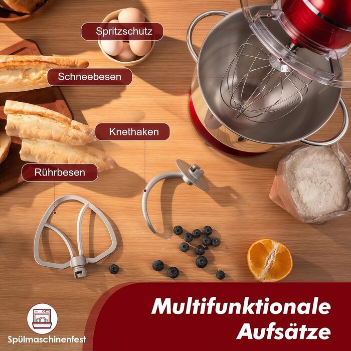 Кухонна машина Kitchen in the box Fab-Serie, потужний планетарний міксер 2000Вт, чаша 8л, 10 швидкостей, з вінчиком, гаком та мішалкою, червоний
