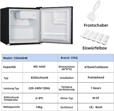 CHIQ Mini Bar: Компактний міні-холодильник 46 л з регулюванням температури, 39 дБ, для офісу, кемпінгу, спальні, готелю, чорного кольору