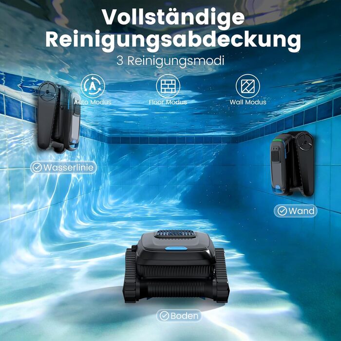 Робот-пилосос для басейну (170 м²) PC10 Schwarz: Акумуляторний, бездротовий, для стін та дна, з інтелектуальною навігацією, продуктивність 18927 л/год