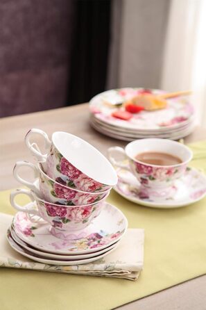Порцеляновий чайний сервіз London Boutique, 4 предмети: чашки та блюдця з пташками, квітами та метеликами, подарункова коробка