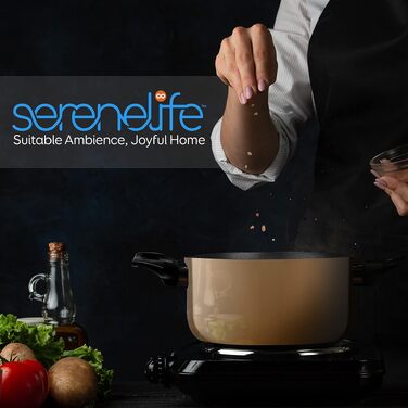Набір кухонного посуду SereneLife 15 предметів: антипригарні каструлі та сковороди з кришками, жаростійкі, придатні для миття в посудомийній машині, золотий колір