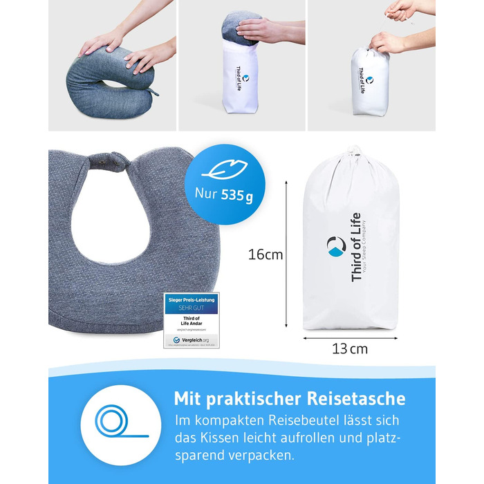 Ергономічна подушка для шиї ANDAR QuickDry з Memory-Foam для подорожей, швидковисихаючий чохол, проти болю в шиї, сіра, для літака, авто