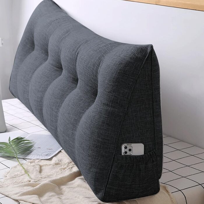 Подушка трикутна для спини OHMG 160x50x20 см темно-сіра з кишенею, для ліжка та дивана, знімний чохол