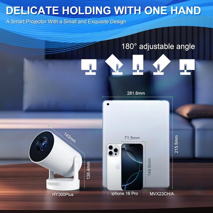 Портативний міні-проектор 4K з Wi-Fi 2.4/5G, Android 11, Full HD 1080P, HDMI, для телефону/ПК/ноутбука/Stick, зовнішній динамік (HY300Plus)