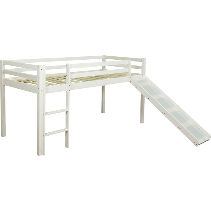 Дитяче ліжко Homestyle4u 90x200 см, біле, з гіркою та рожевим шторкою, дерев'яне ліжко-горище з сосни для дитячої кімнати