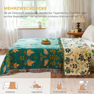 Багатофункціональна плед-ковдра HOORDRY Boho з натуральної бавовни, 200×230 см, Блакитно-зелений принт з пташками та квітами