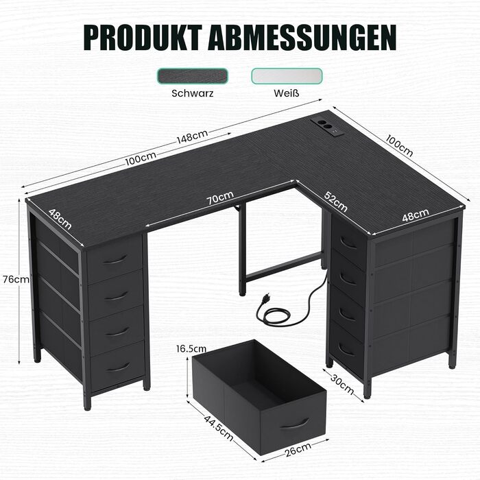 Кутовий письмовий стіл YOUDENOVA 150x100 см з шухлядами, розеткою та USB-зарядом, чорний