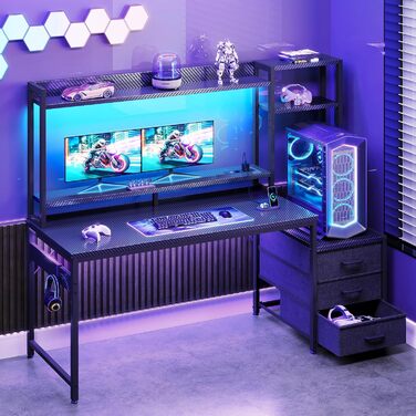 Ігровий стіл Coleshome з LED підсвіткою, полицями та висувними ящиками 137x48 см, чорний карбон