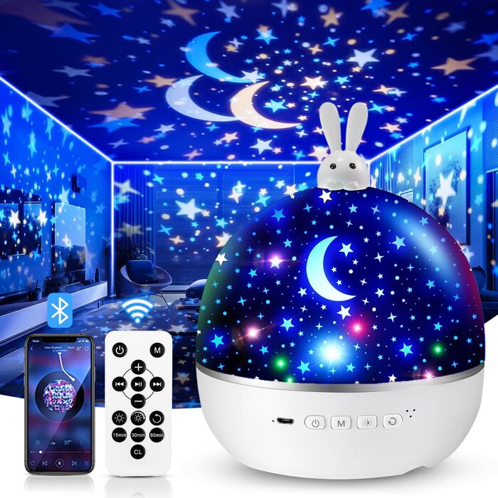 Нічник-проектор зоряного неба для дітей з 15 фільмами, Bluetooth, LED, нічник для дитячої кімнати, кролик