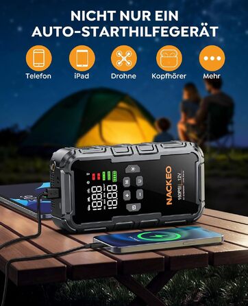 Пусковий пристрій (бустер) 8000A для авто з компресором 160 PSI, Powerbank 12V для бензинових та дизельних двигунів до 12л, з LED-ліхтарем 600LM та LCD-дисплеєм