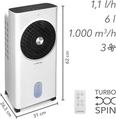 Trotec Aircooler PAE 31: Мобільний 3-в-1 Повітряний Охолоджувач, Зволожувач та Вентилятор, 6л, 1л/год, 3 швидкості, Таймер, Нічний режим