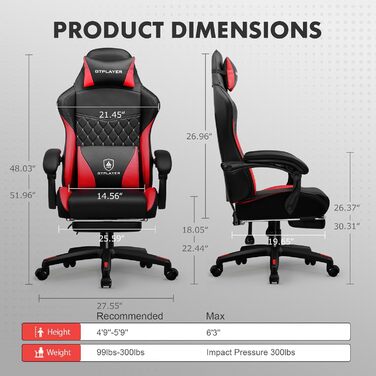 Ігровий крісло GTPLAYER з підніжкою, регульованою висотою та підтримкою попереку (червоний)