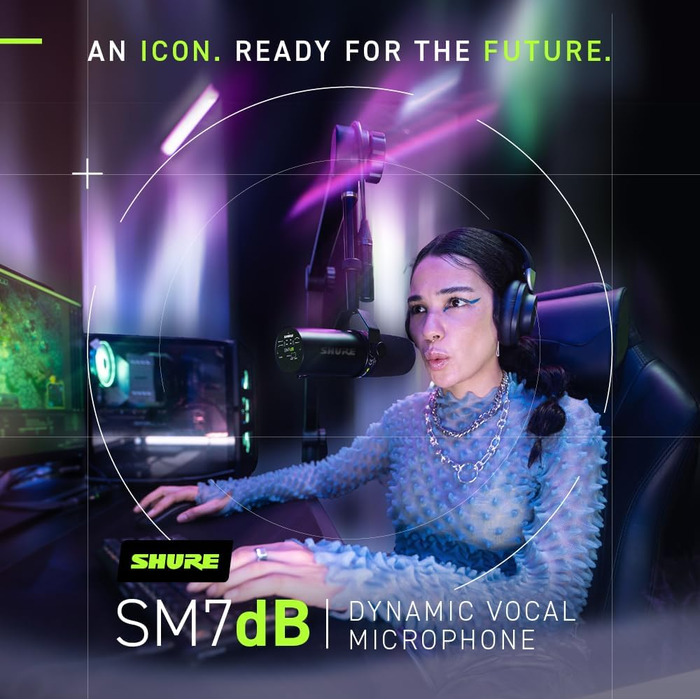 Мікрофон Shure SM7dB динамічний для мовлення, вокалу та подкасту з вбудованим підсилювачем, широкий частотний діапазон, теплий м'який звук, чорний
