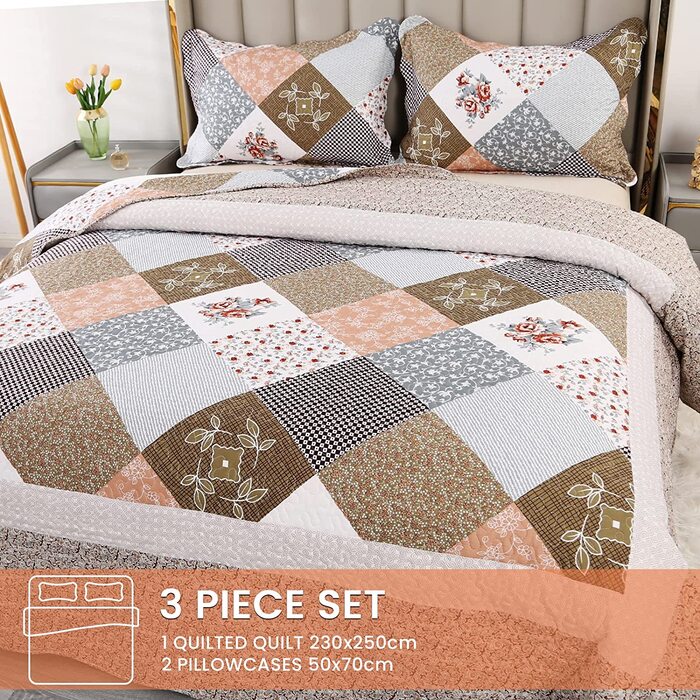 Покривало стьобане Qucover Patchwork 230x250 см для двоспального ліжка, комплект з 2 наволочками 50x70 см, зимовий, поліестер, двосторонній візерунок