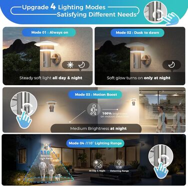 Світильник вуличний NBHANYUAN Lighting LED з датчиком руху та освітлення, нержавіюча сталь SUS316, IP54, тепле біле світло (3000K), 1000 лм, 9Вт, сріблястий