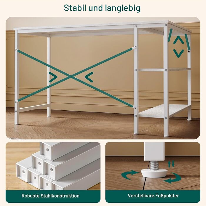 Кутовий L-подібний письмовий стіл для комп'ютера з полицею, 120x80x73 см, білий — офісний стіл для дому та Homeoffice з регульованими ніжками